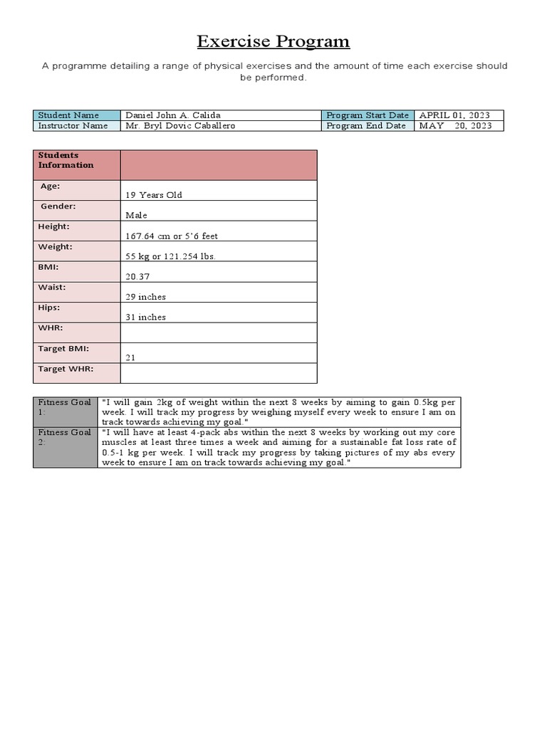 Exercise Program Template | PDF | Physical Fitness | Management Of Obesity