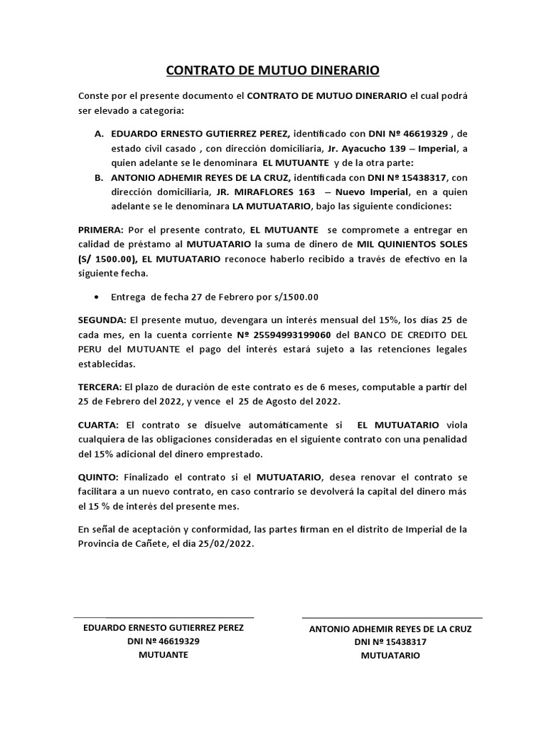 Contrato de Mutuo Dinerario en Perú | PDF | Derecho