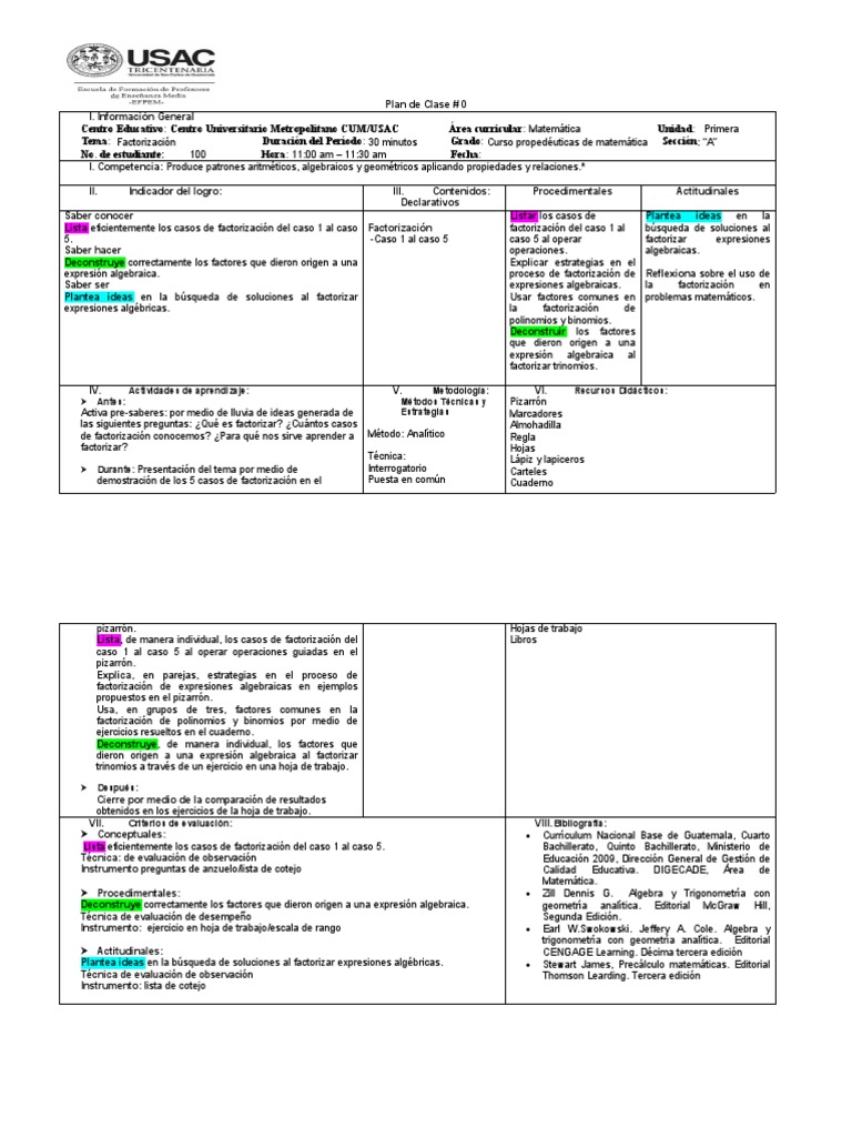 Modelo Plan de Clase Mate | Descargar gratis PDF | Factorización ...