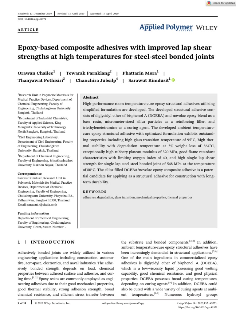 Epoxy Based Composite Adhesives With Improved Lap Shear Strengths at High PDF Epoxy