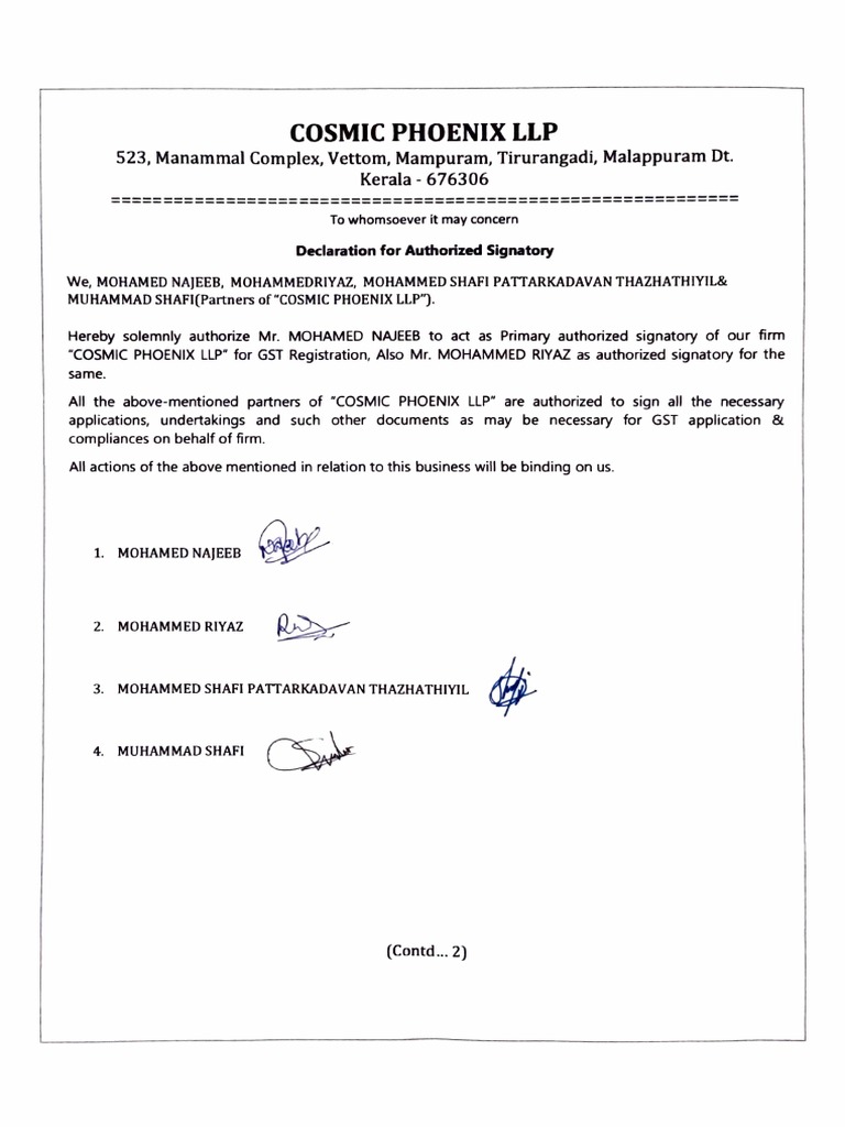 Authorized Signatory Declaration for LLP | PDF