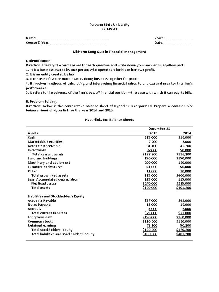 Midterm Quiz in Financial Management | PDF | Balance Sheet | Equity ...