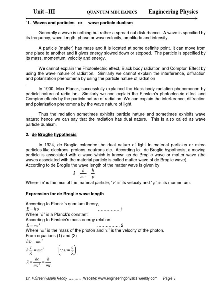 Unit Iii Quantum Mechanics Pdf Waves Electromagnetic Radiation