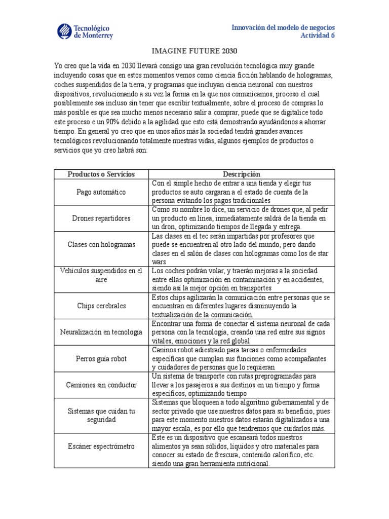 Imagine Future 2030: Productos o Servicios Descripción | PDF ...