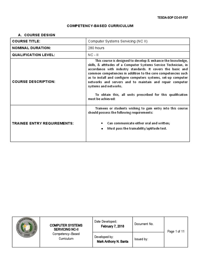 TESDA-SOP CO-01-F07 Competency-Based Curriculum for Computer Systems ...