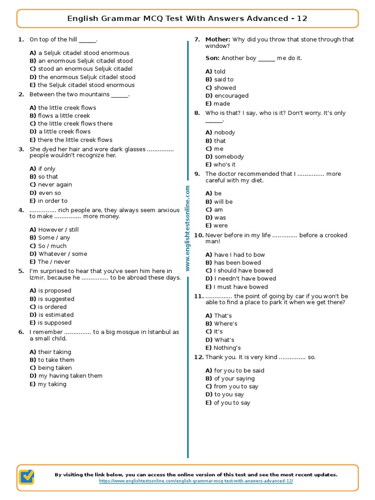 639 English Grammar Mcq Test With Answers Advanced 12 Pdf