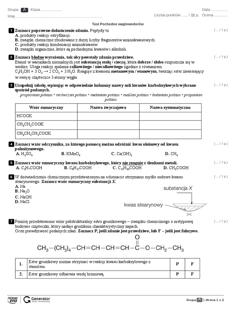 Test Z Wielokatow Klasa 5 Test Pochodne Weglowodorow Test Z Widoczna Punktacja | PDF
