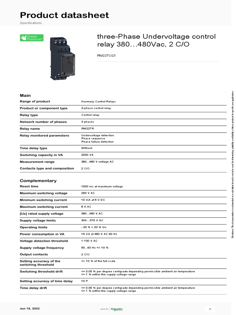 RM22TU23 Undervoltage Relay Datasheet | PDF | Relay | Alternating Current