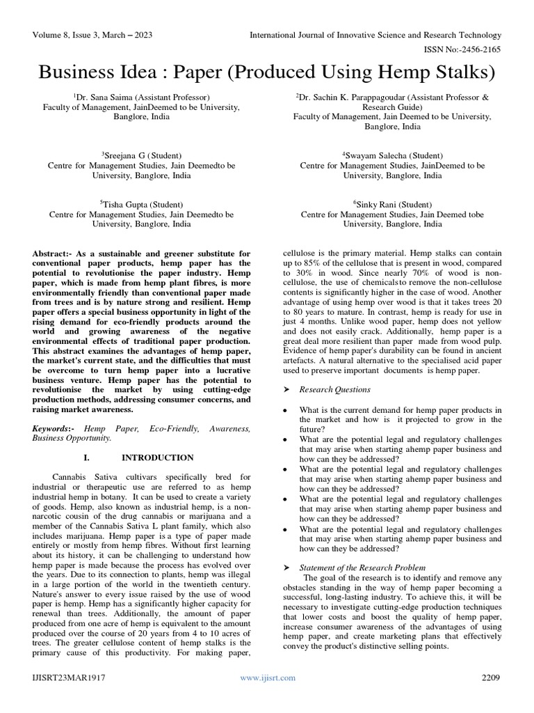 Business Idea Paper (Produced Using Hemp Stalks) PDF Hemp Cannabis