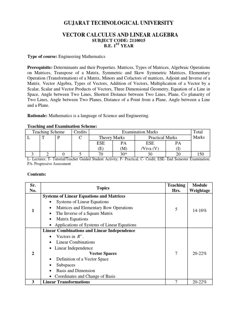 Gtu Be 1st Year Vector Calculus And Linear Algebra Pdf Matrix