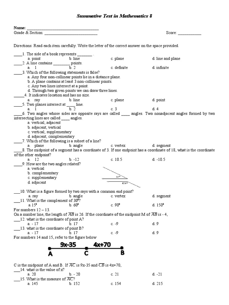 Grade 8 Mathematics Summative Test | PDF | Line (Geometry) | Angle