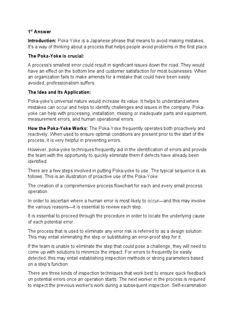 1 Answer Introduction Poka Yoke Is A Japanese Phrase That Means To