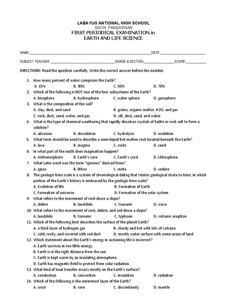 Labayug National High School Earth And Life Science Exam Pdf Rock