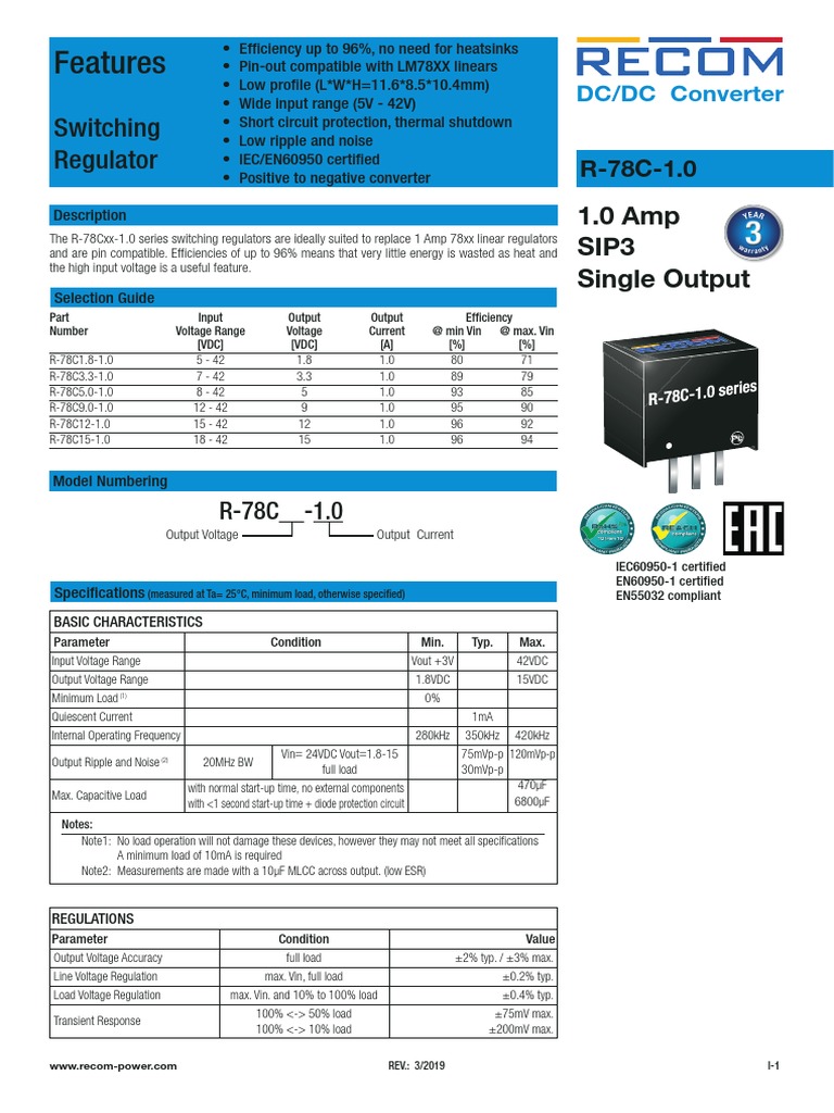 Features Switching Regulator PDF Power Supply Physical Quantities