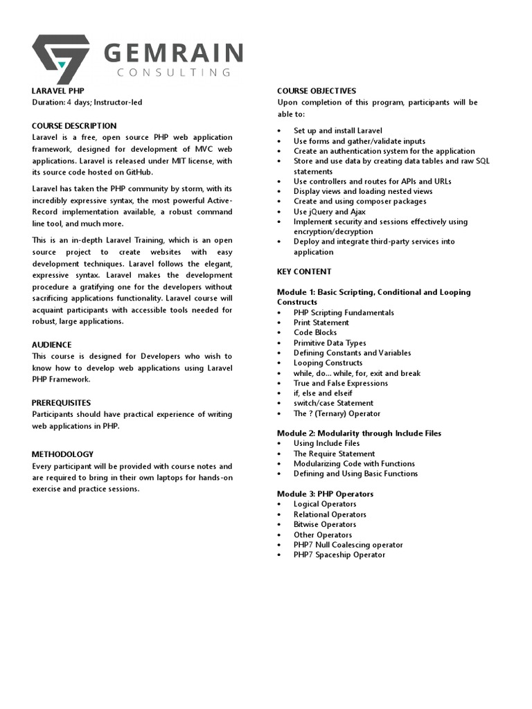 Laravel PHP Training Course Outline | PDF | Php | Representational ...