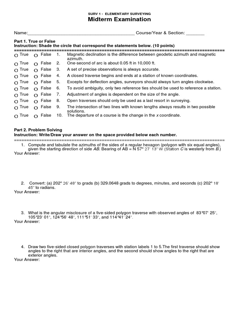 Midterm Exam for Elementary Surveying | PDF