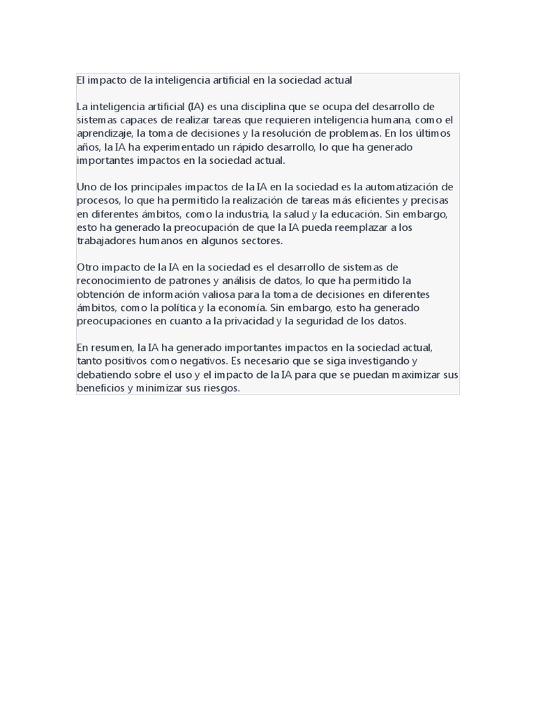 El Impacto de La Inteligencia Artificial en La Sociedad Actual | PDF