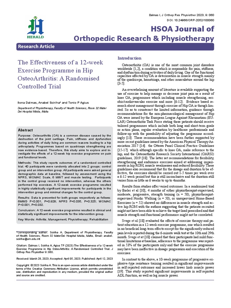 The Effectiveness of A 12 Week Exercise Programme in Hip Osteoarthritis