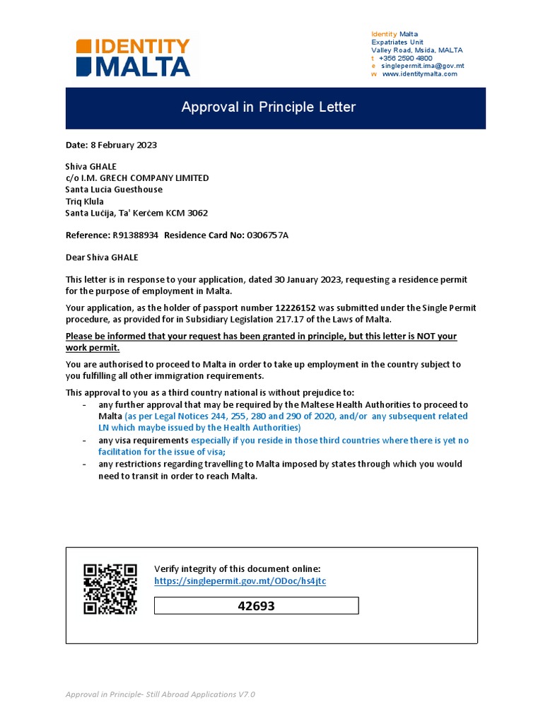 Approval in Principle for Residence Permit Granted to Shiva GHALE for ...