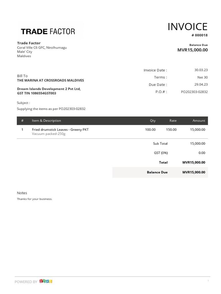 Invoice for Fried Drumstick Leaves | PDF | Finance & Money Management