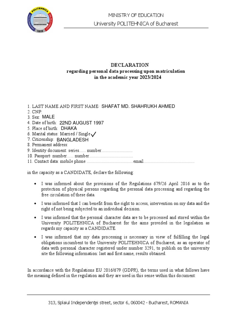 Personal Data Processing Declaration | PDF | Government | Justice