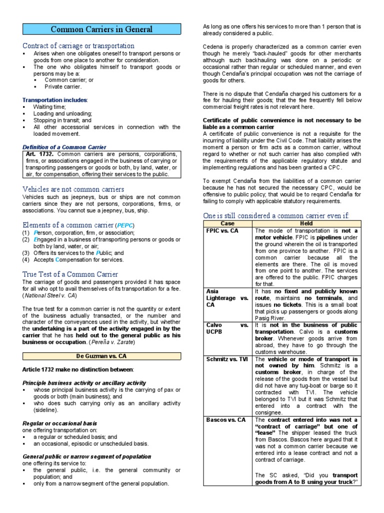First Exam Notes PDF Common Carrier Legal Liability