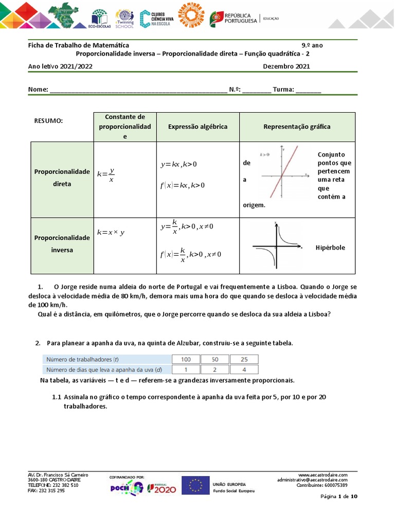 FT - Fun Direta - Inversa - Quadrática - 9ºano | PDF | Sistema de ...