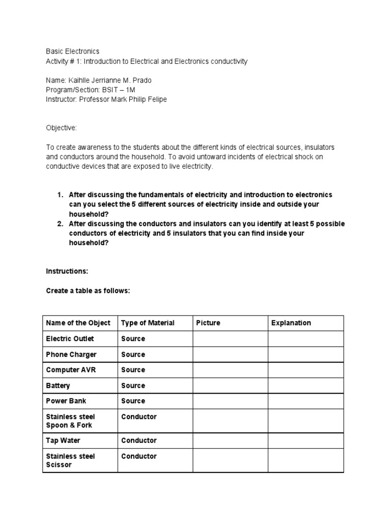 Basic Electronics - Activity 1 | PDF | Insulator (Electricity ...