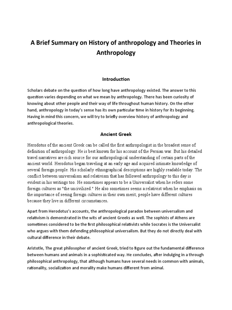 A Brief Summary On History of Anthropology and Theories in Anthropology PDF Anthropology