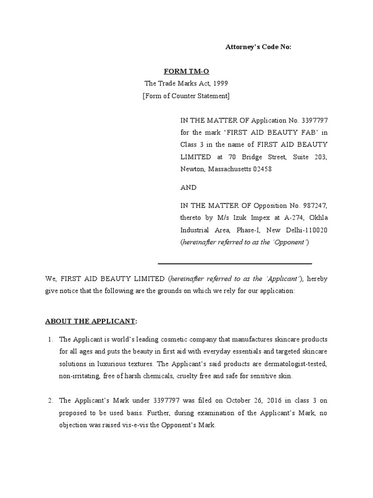 FIRST AID BEAUTY FAB Counter Statement PDF Trademark Brand