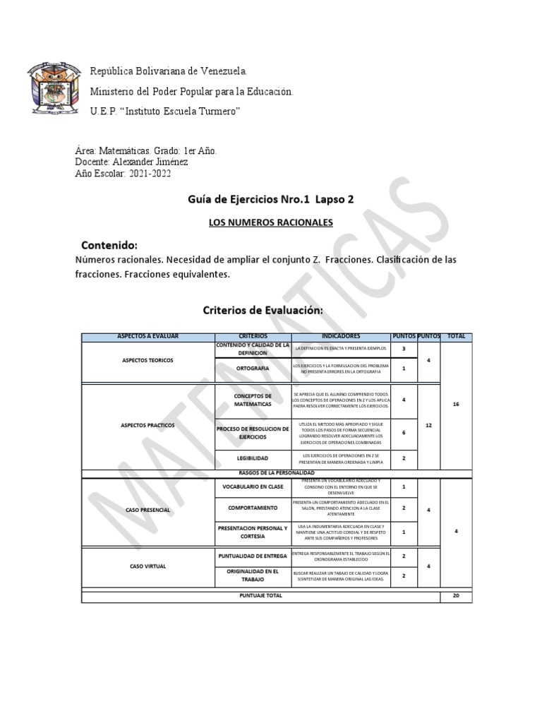 Guia 1 2do Lapso Matematicas Primer Año | PDF