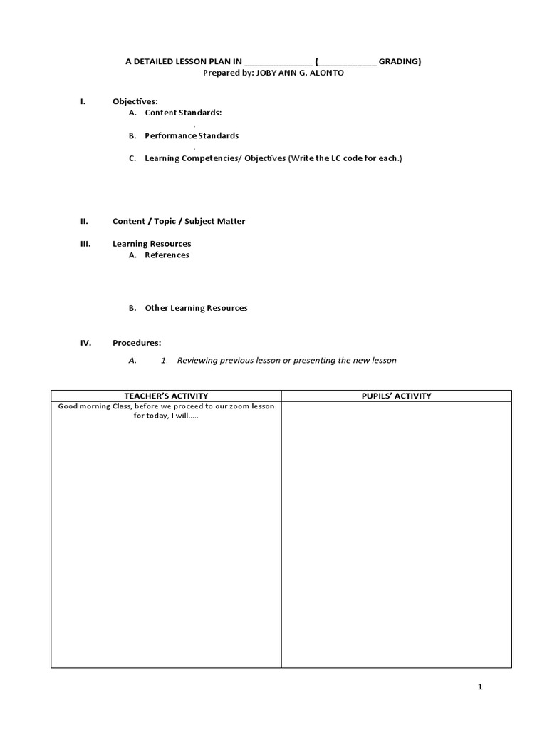 A blank format of lesson plan pdf teachers learning