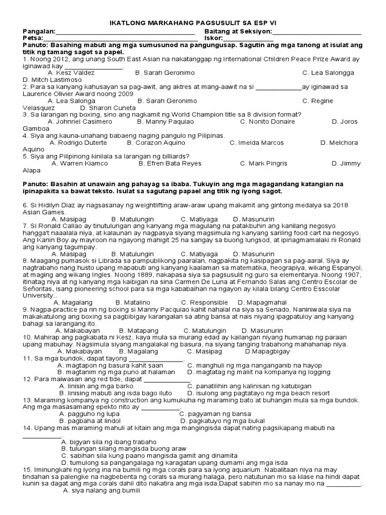 Esp 6 - Third Periodical Exam | PDF