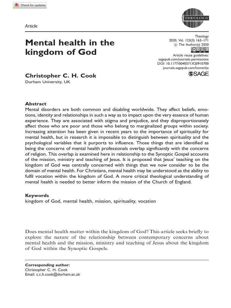 Mental Health and the Kingdom of God | PDF | Mental Disorder | Jesus
