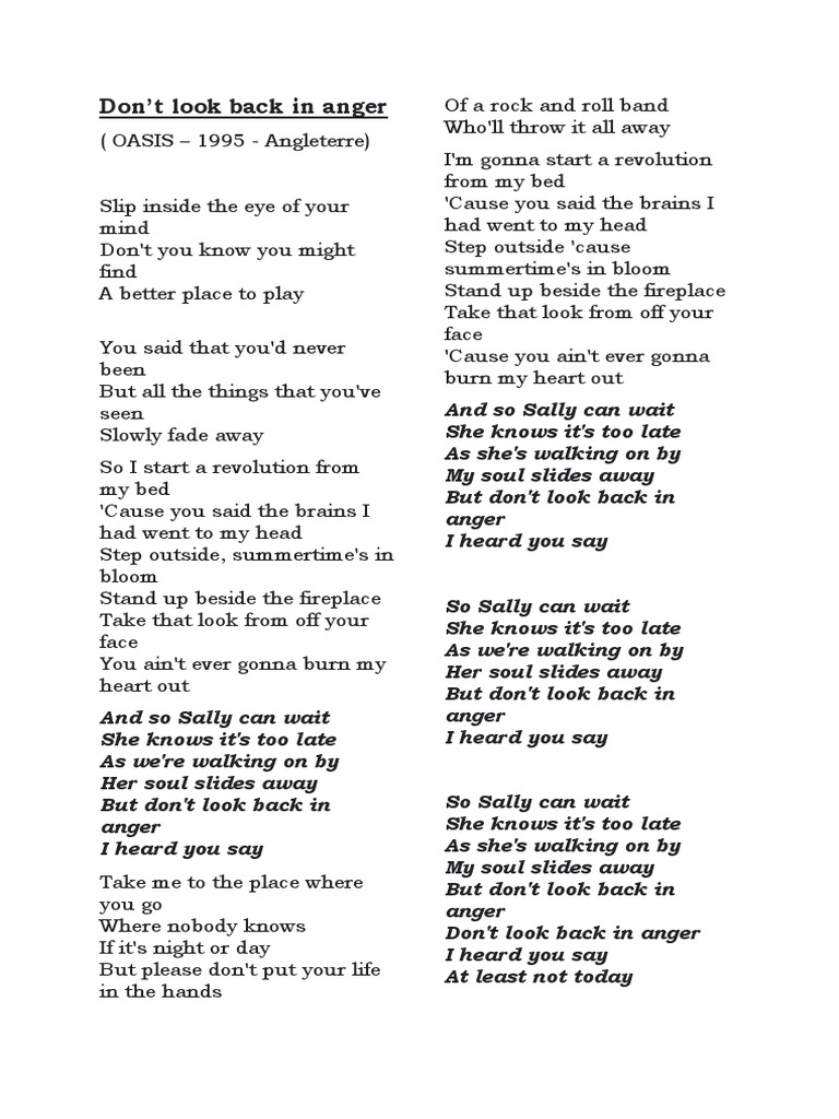 Oasis: Don't Look Back in Anger Lyrics | PDF