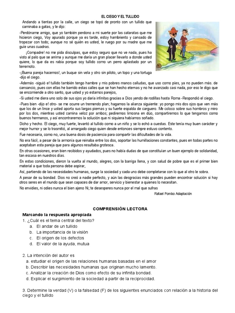 Ficha de Lectura El Ciego y El Tullido PDF Amor