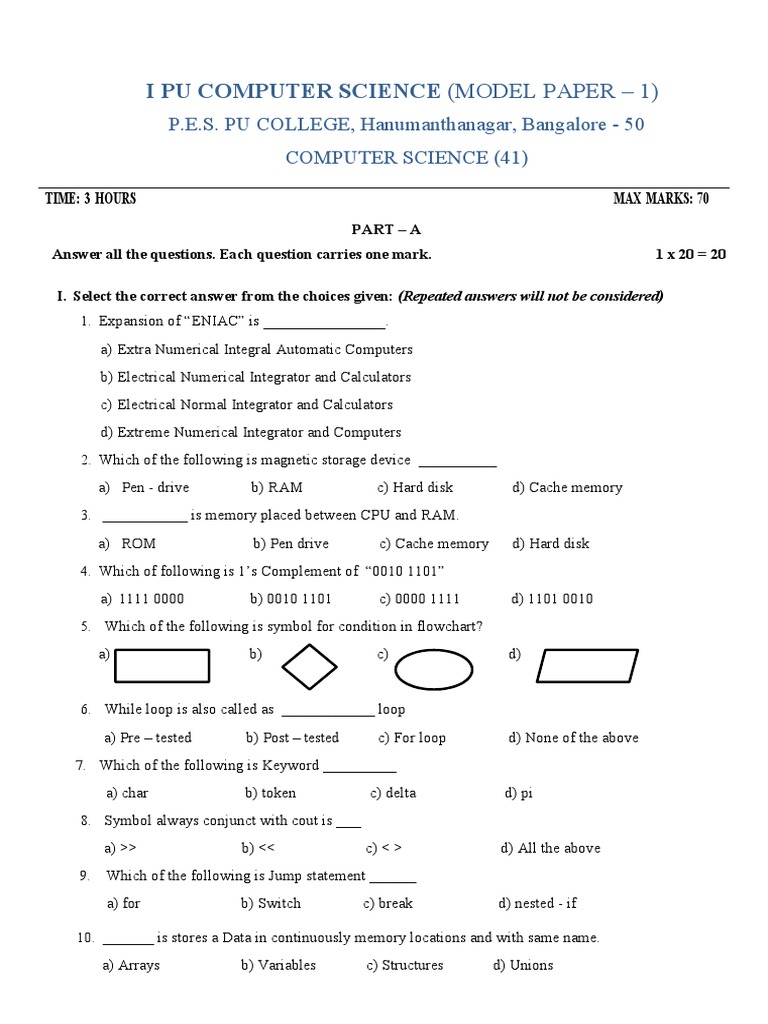 I Pu Computer Science (Model Paper 1) PDF Computer Data Storage