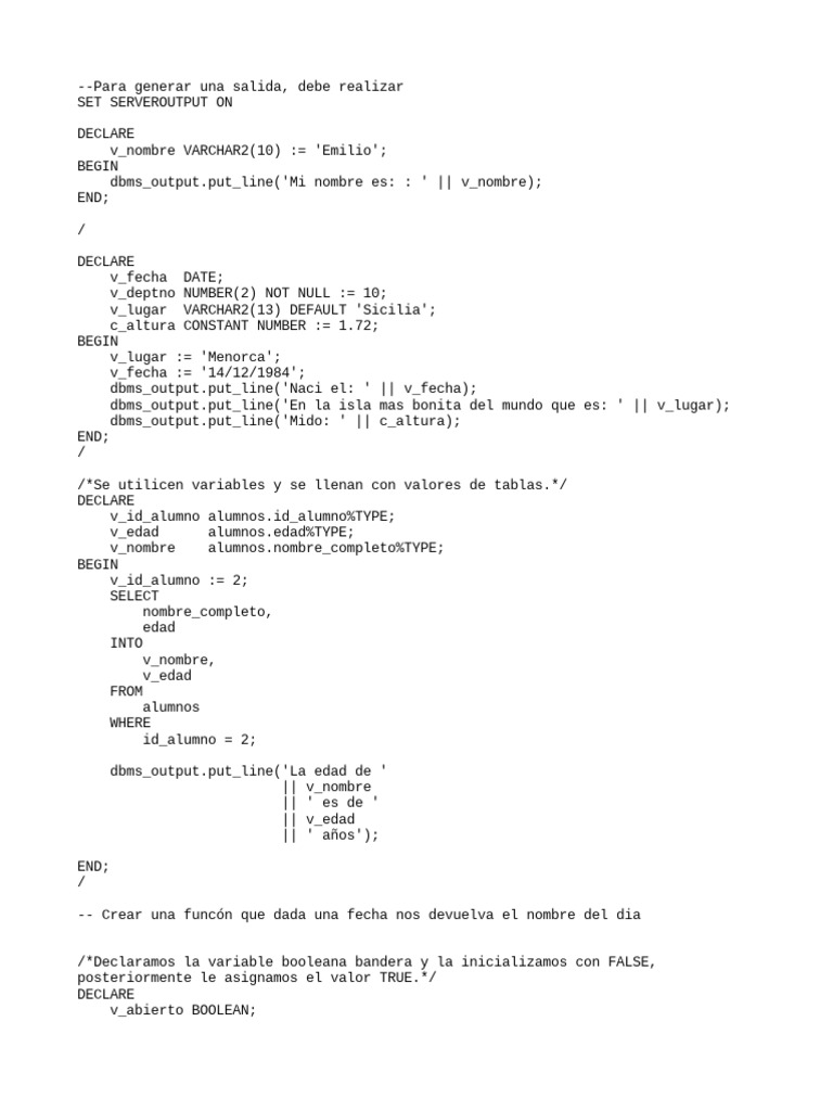 Ejemplos de PL/SQL con Variables y Condicionales | PDF | Pl / Sql ...