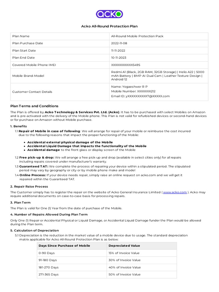 Acko AllRound Protection Plan PDF Damages Mobile Phones