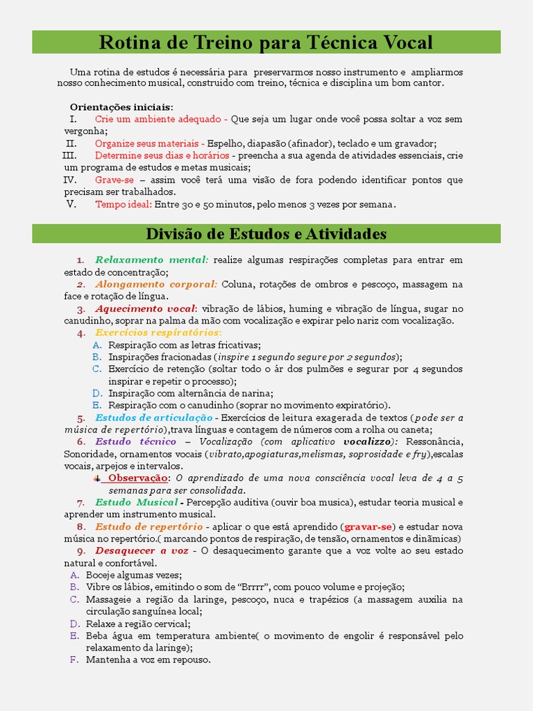 Rotina De Treino Para Técnica Vocal Pdf Voz Humana Canto