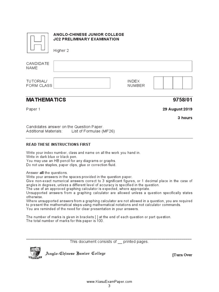 Mathematics 9758/01: Higher 2 Candidate Name Tutorial/ Index Form Class ...