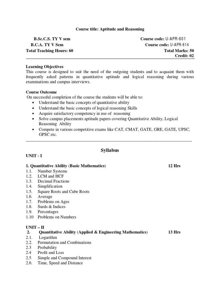 Aptitude and Reasoning Syllabus Overview | PDF | Reason | Mathematics