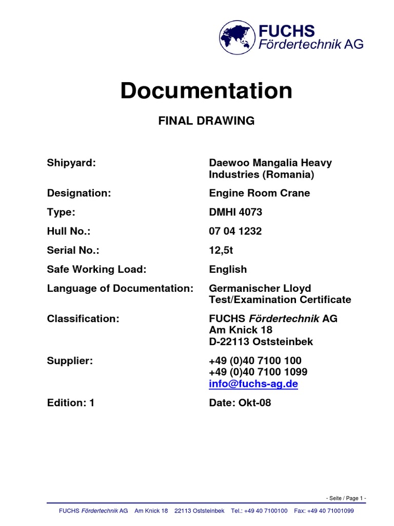 Fuchs Engine Room Crane Documentation | PDF | Crane (Machine) | Equipment