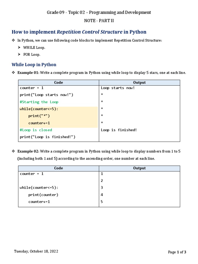 Implementing Repetition Control Structures in Python: Examples of While ...