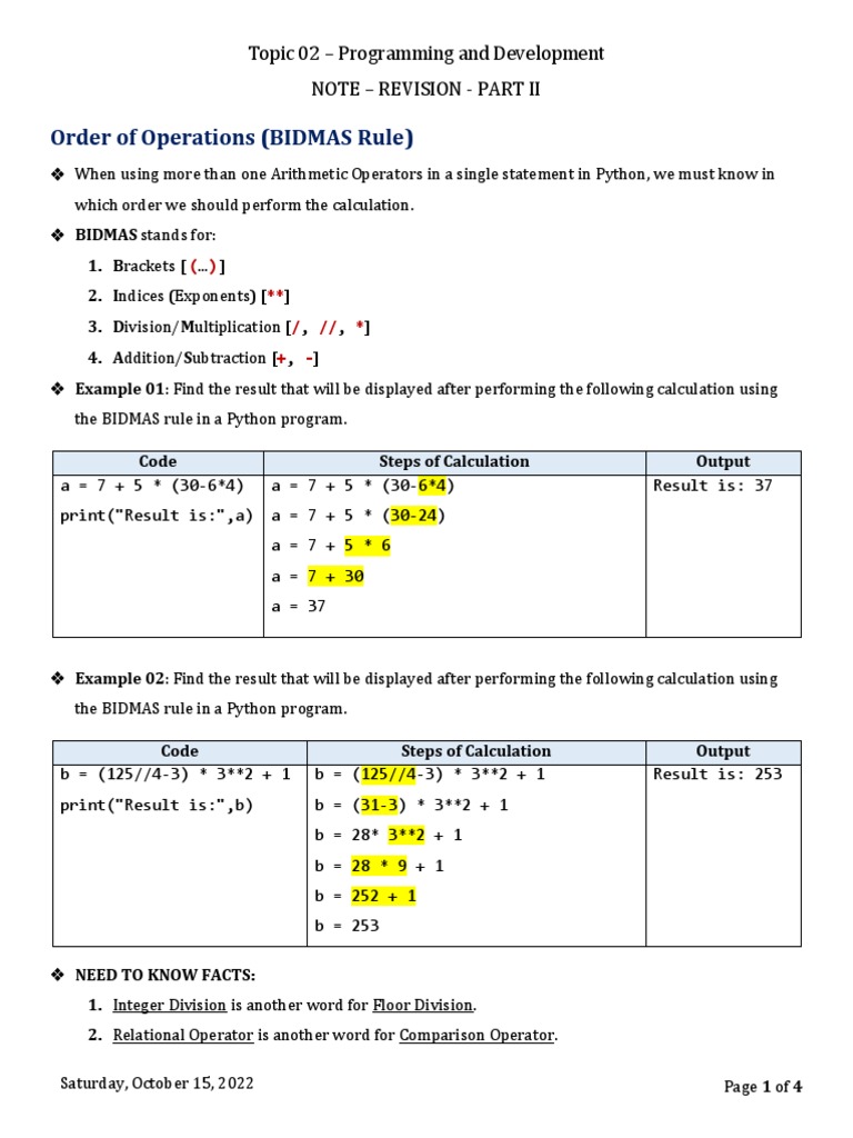 Order of Operations (BIDMAS Rule) : Topic 02 - Programming and ...