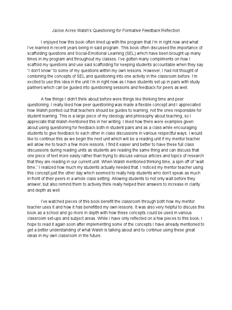 Questioning For Formative Feedback Reflection Pdf Teaching