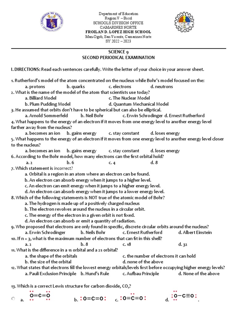 Science 9 Periodical Exam 2022-2023 | PDF | Chemical Bond | Ion