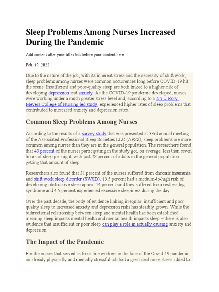 Nurses Need Sleep The Impact of the COVID19 Pandemic on Sleep