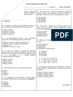 Prova Mensal 1º Bimestre de Ciências 8º Ano