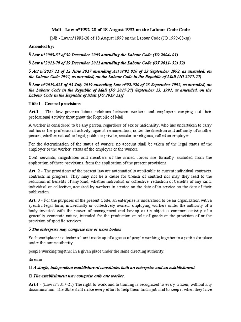 Mali law n 1992 20 of 18 august 1992 on the labour code code pdf